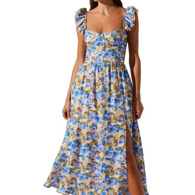 ASTR the Label Wedelia Floral Bustier Ruffle Midi Dress In Yellow Blue Flora - Blue - L | Verishop