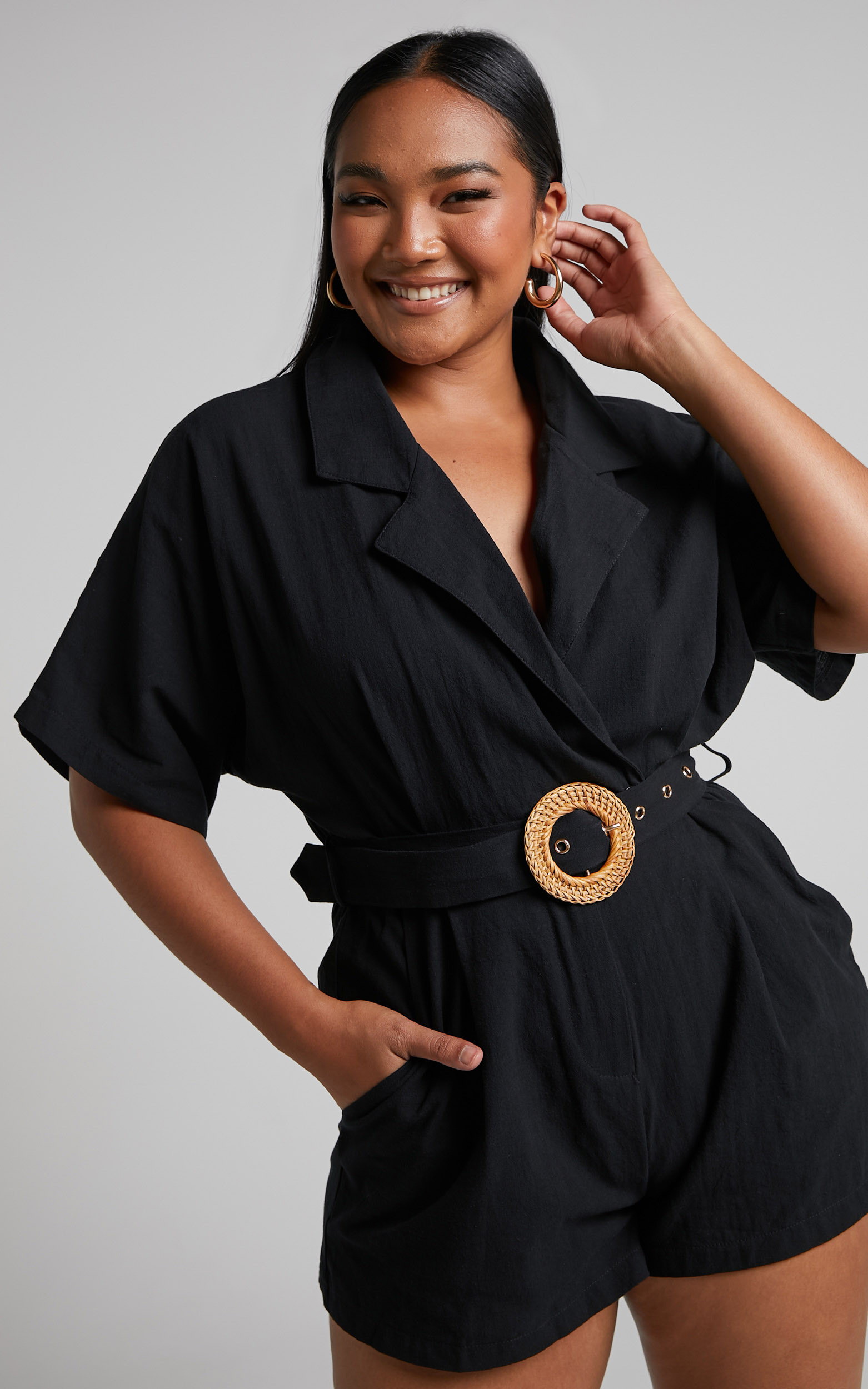 Thaisa Playsuit - Short Sleeve Collared Belted Playsuit in Black | Showpo (US, UK & Europe)