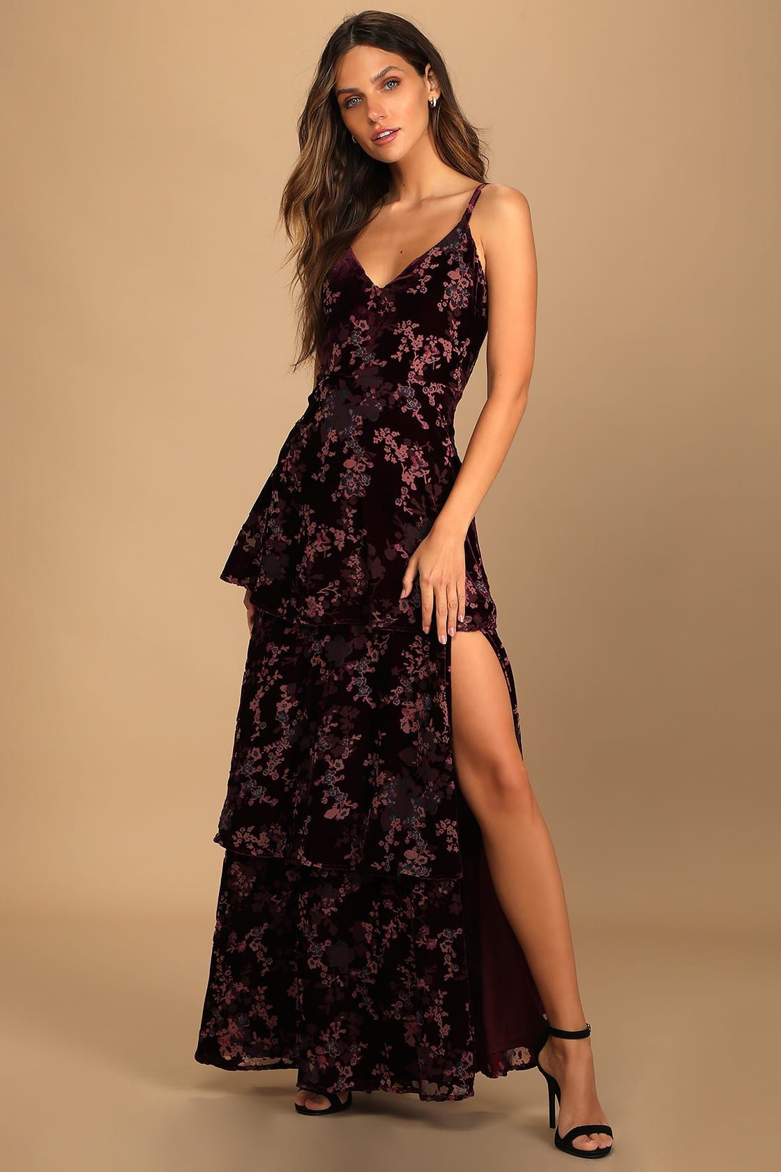 I Love You Amore Plum Purple Floral Velvet Tiered Maxi Dress | Lulus (US)
