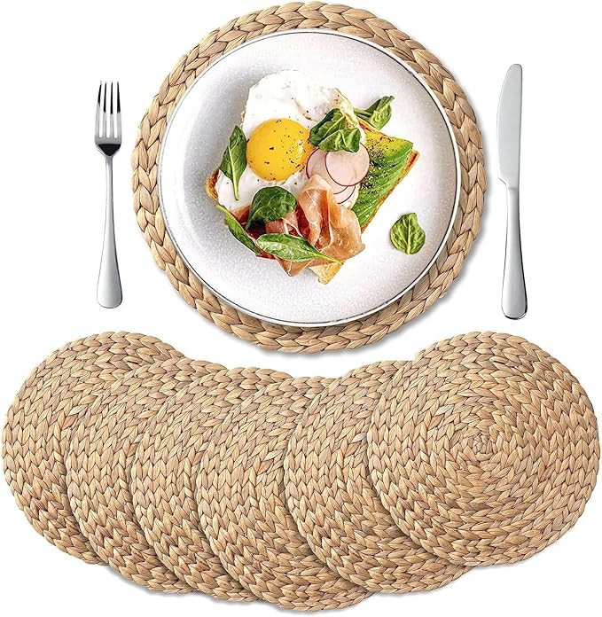 YANGQIHOME 6 Pack, Round Woven Placemats, Natural Water Hyacinth Wicker Place mats, Braided Straw... | Amazon (US)