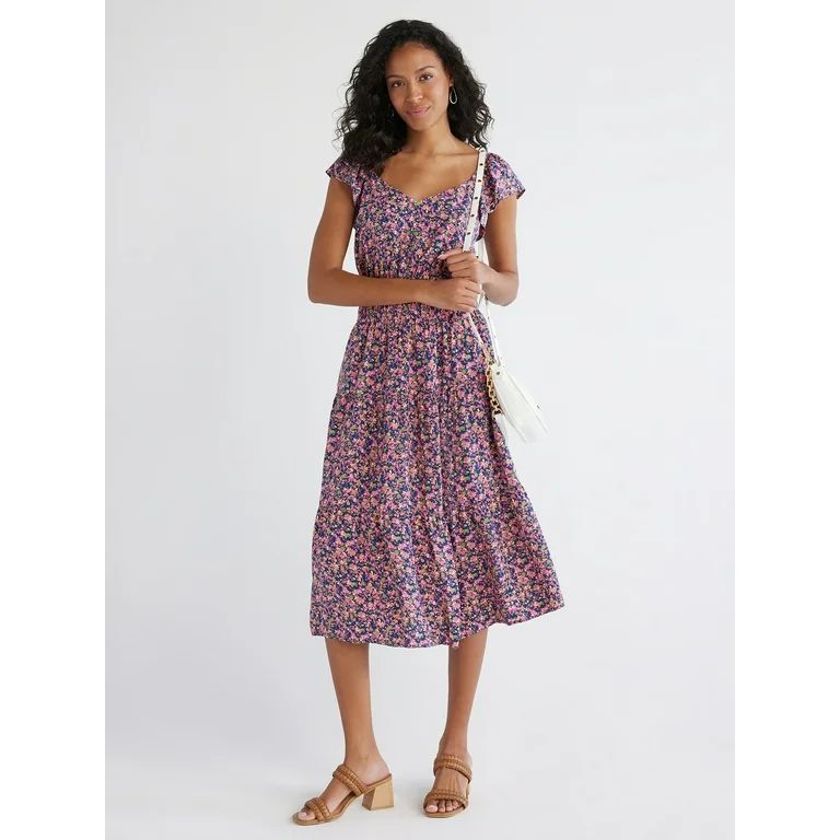 Time and Tru Women's Smocked Midi Dress with Flutter Sleeves, Sizes XS-XXXL - Walmart.com | Walmart (US)