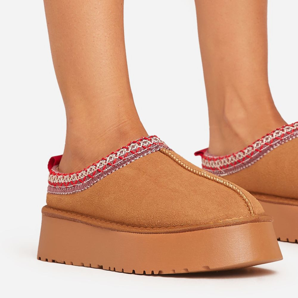 Tazmin Aztec Detail Faux Fur Lining Platform Slipper In Chestnut Faux Suede | EGO (UK)