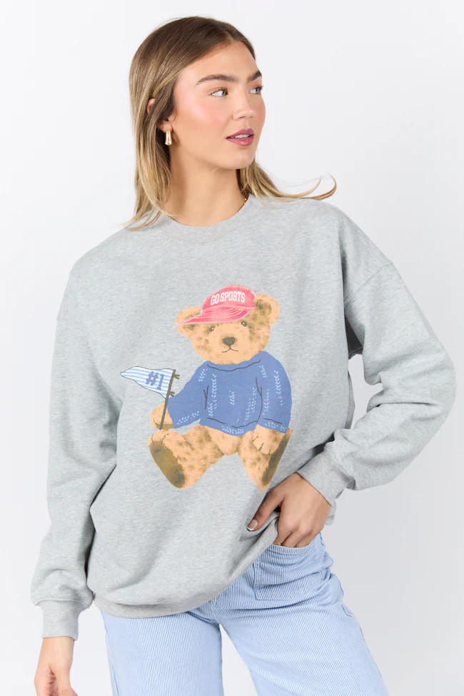 Sporty Vintage Bear Light Grey Graphic Sweatshirt | Pink Lily