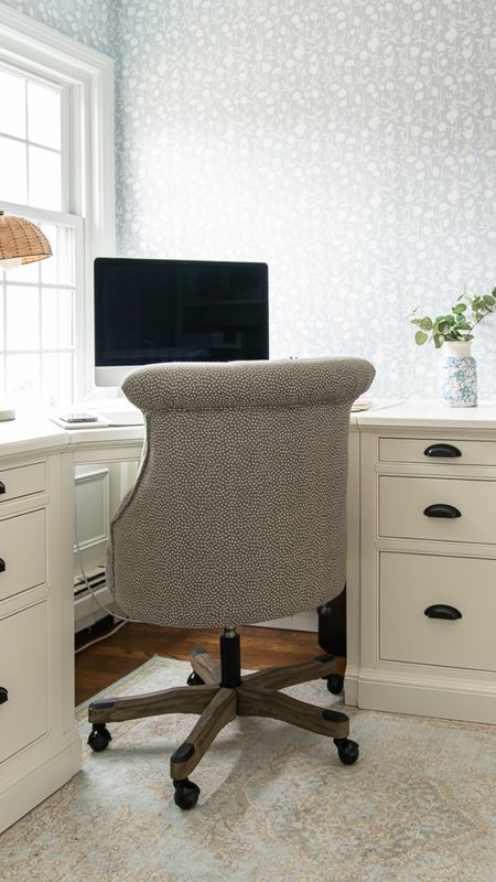 Functional home office with Serena & Lily patterned wallpaper, white desk and hutch, office chair and more coastal style home decor

#LTKfamily #LTKhome