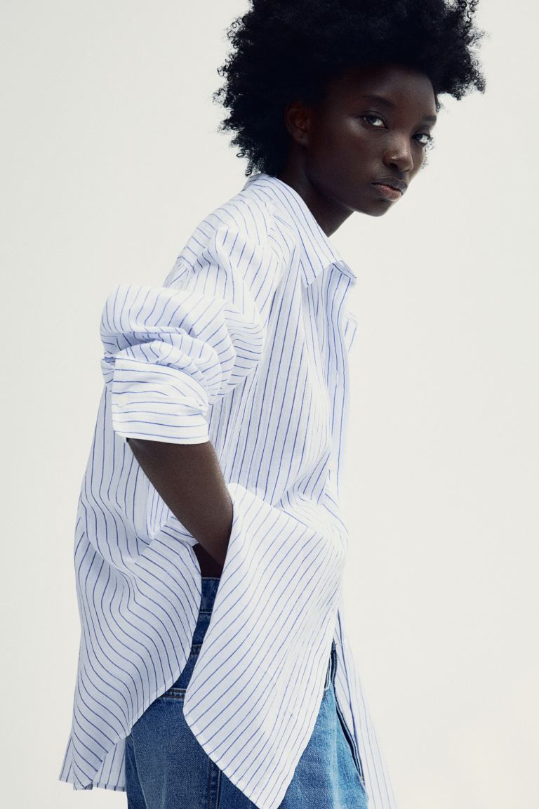 Crinkled Cotton Shirt - Long sleeve - Regular length - White/blue striped - Ladies | H&M US | H&M (US + CA)
