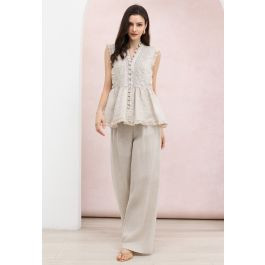 Button-Front Pintuck Peplum Top and Palazzo Pants Set in Linen for Gatherings & Daytime Events | Chicwish