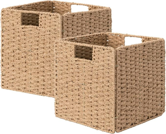 StorageWorks 11 inch Wicker Baskets, Handwoven Storage Cubes with Handles, Foldable Paper Rope Ba... | Amazon (US)