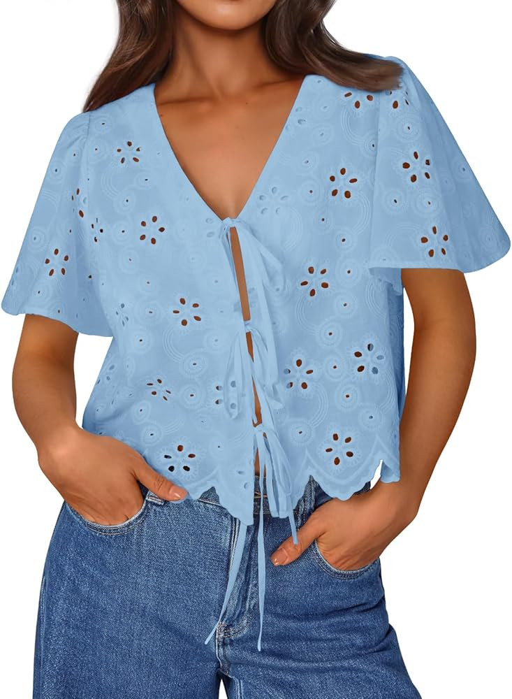 Trendy Queen Womens Tie Front Tops Summer Beach Vacation 2025 Fashion Outfits Short Sleeve Blouse... | Amazon (US)