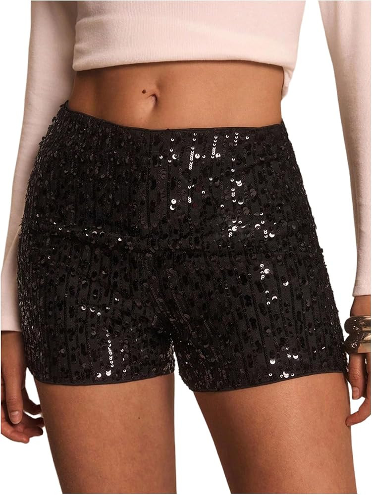 MakeMeChic Women's Glitter Sequin Mini Shorts Straight Leg Elastic Waist Party Y2K Micro Shorts | Amazon (US)