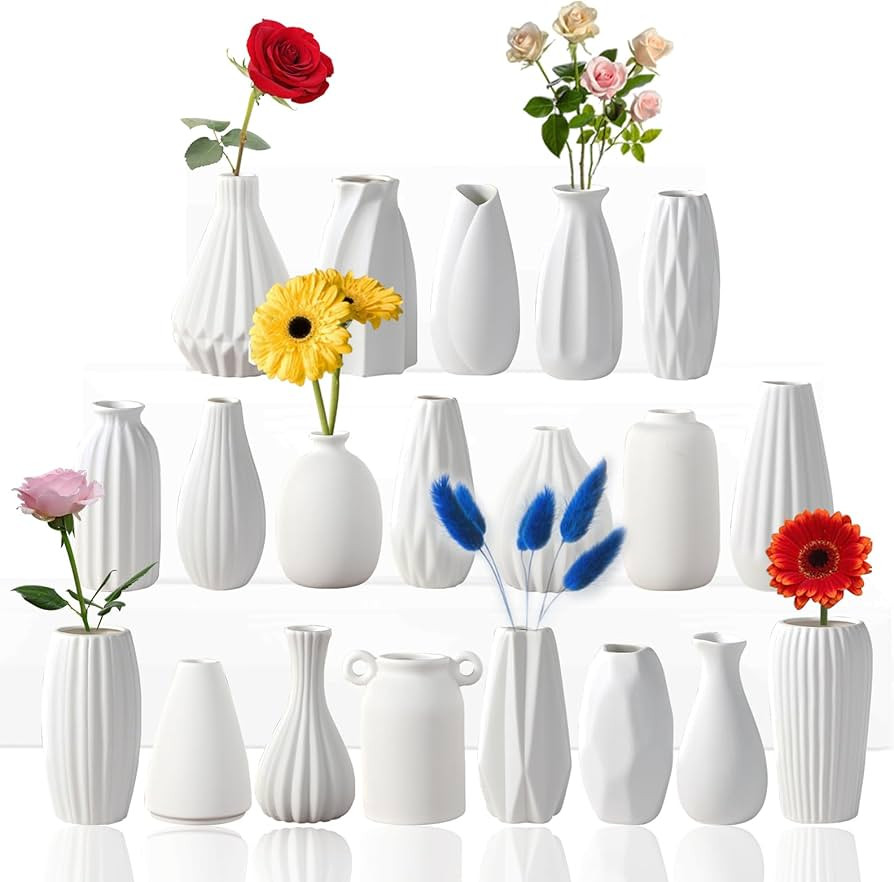 5'' White Ceramic Bud Vases Set of 20,Small Vases in Bulk for Flowers,Mini Vases for Centerpieces... | Amazon (US)