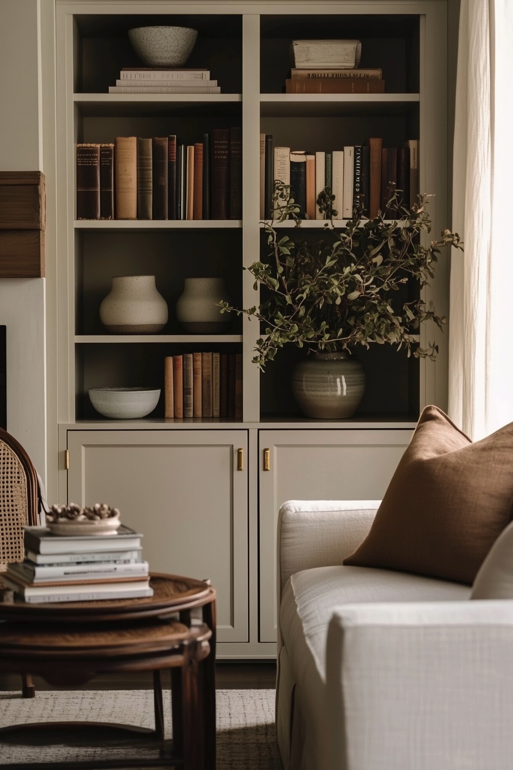 Collected Built-In Bookcase Styling — a warm neutral living room moment with a painted custom bookshelf, vintage books by color, sculptural ceramic vases, and a leafy branch arrangement. The cozy scene pairs a crisp white sofa with a rust-brown throw pillow, cane accent chair, and stacked nesting tables, finished with brass hardware and soft linen curtains for an elevated organic modern–meets-traditional look.

🖤 If you want to see more content like this, FOLLOW maeveandmodern on LTK, Instagram, and Pinterest! Check out our blog where we post daily, maeveandmodern.com!

Neutral living room | Built-in bookcase | Shelf styling ideas | Vintage books decor | Ceramic vases | Greenery branches | Brass hardware | White slipcovered sofa | Rust throw pillow | Cane accent chair | Nesting coffee tables | Linen curtains | Cozy traditional modern | Warm earthy tones | Collected home details | Organic modern styling | Layered textures
  

 

#LTKHome #LTKSaleAlert #LTKFindsUnder100 #LTKSeasonal #LTKHome #LTKSaleAlert