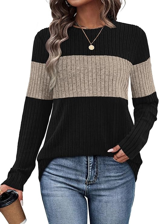WIHOLL Womens Sweaters Trendy Color Block Tops Long Sleeve Shirts Fall Outfits Early Fall Fashion... | Amazon (US)