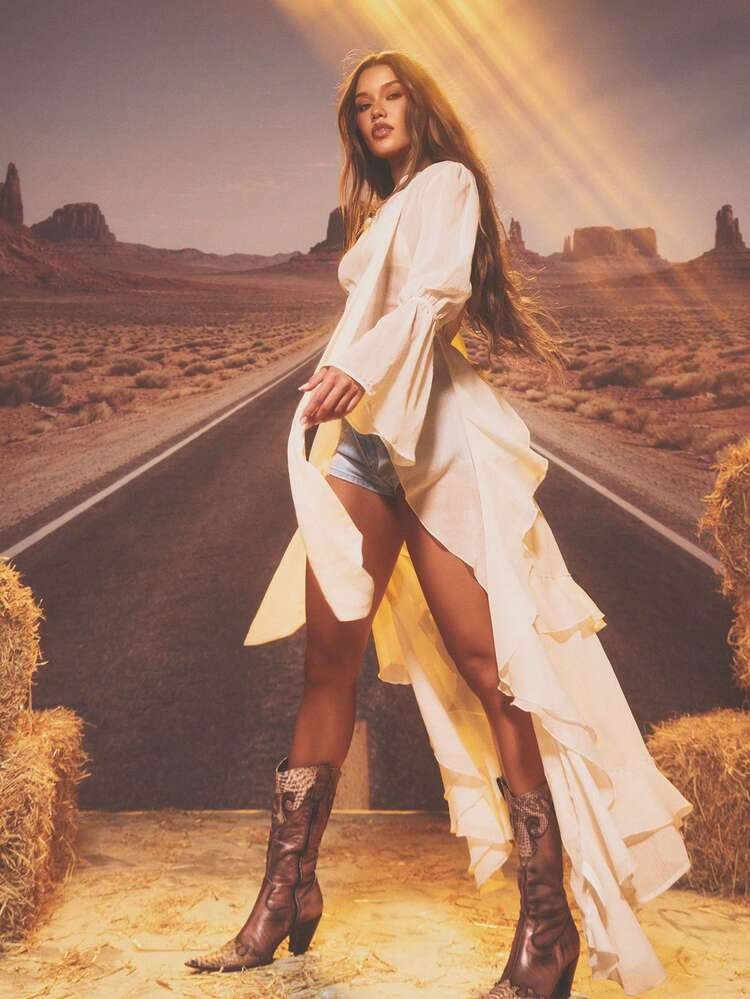 MISSGUIDED Ruffle High Low Hem Tie Front Blouse With Bell Sleeves And Bow Detail For Special Occasions | SHEIN