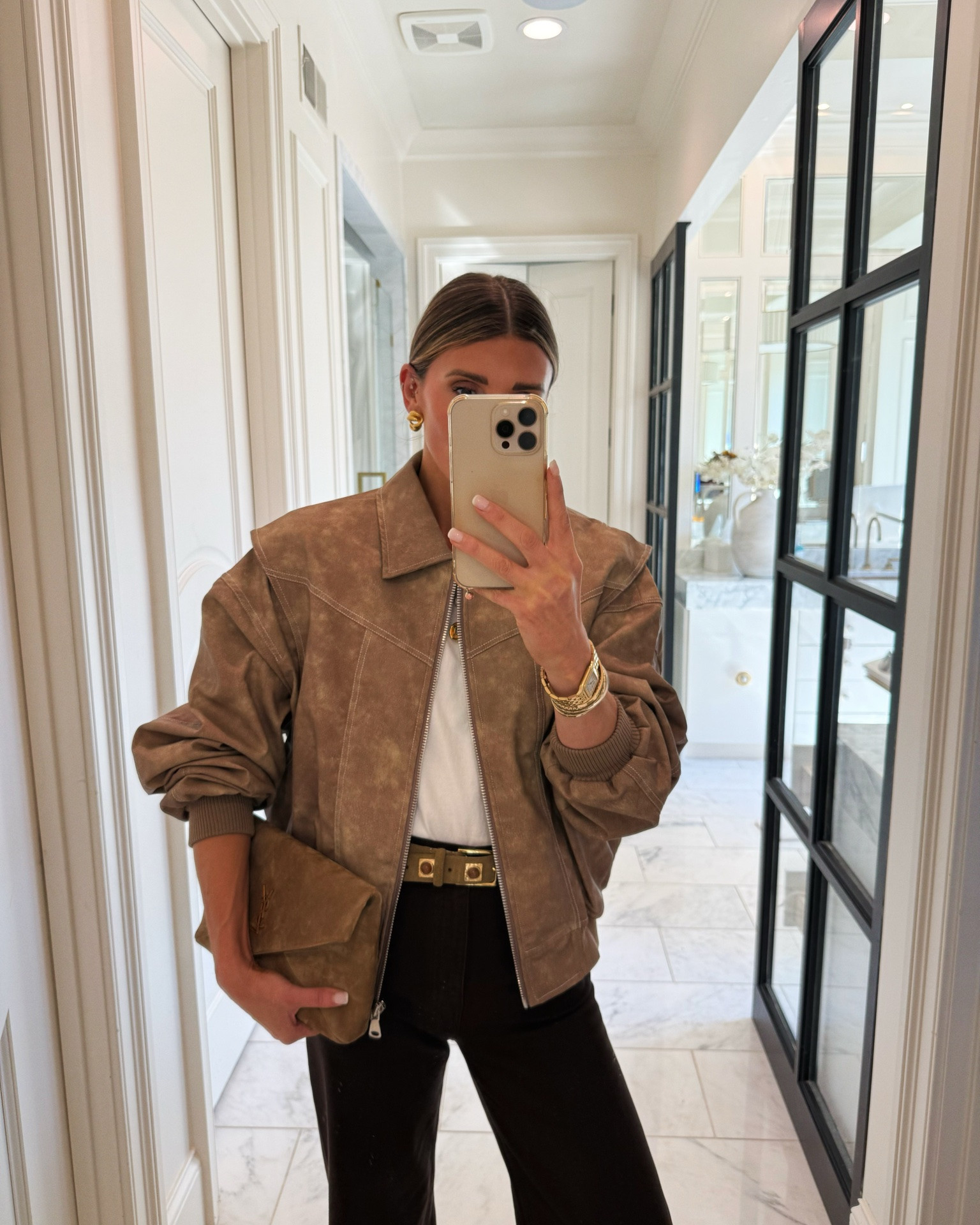 Brown denim outfit for fall. I'm wearing size 25 fit tts