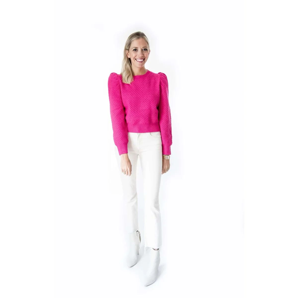 Pleated Shoulder Textured Sweater in Fuchsia | Minette