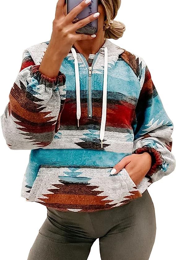 COWOKA Women's Aztec Print Pattern Western Ethnic Half Zip Long Sleeve Pullover Hoodie Sweatshirt | Amazon (US)