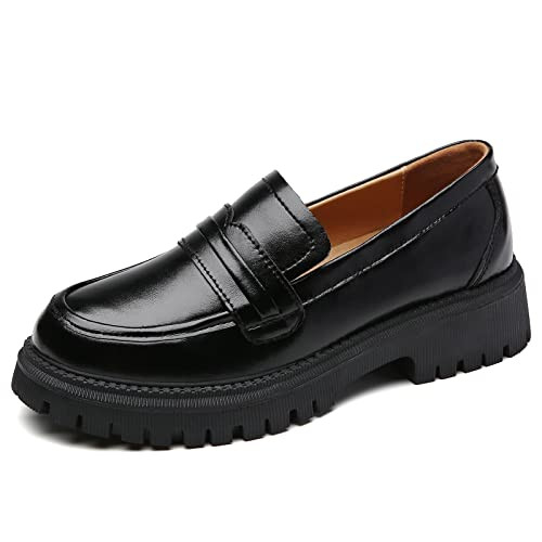 IUY Loafers for Women Leather Chunky Platform Penny Shoes Classic Women's Loafers & Slip-ons Shoes Casual Dress Shoes Comfortable Business Work Shoes Black US 8.0 | Amazon (US)
