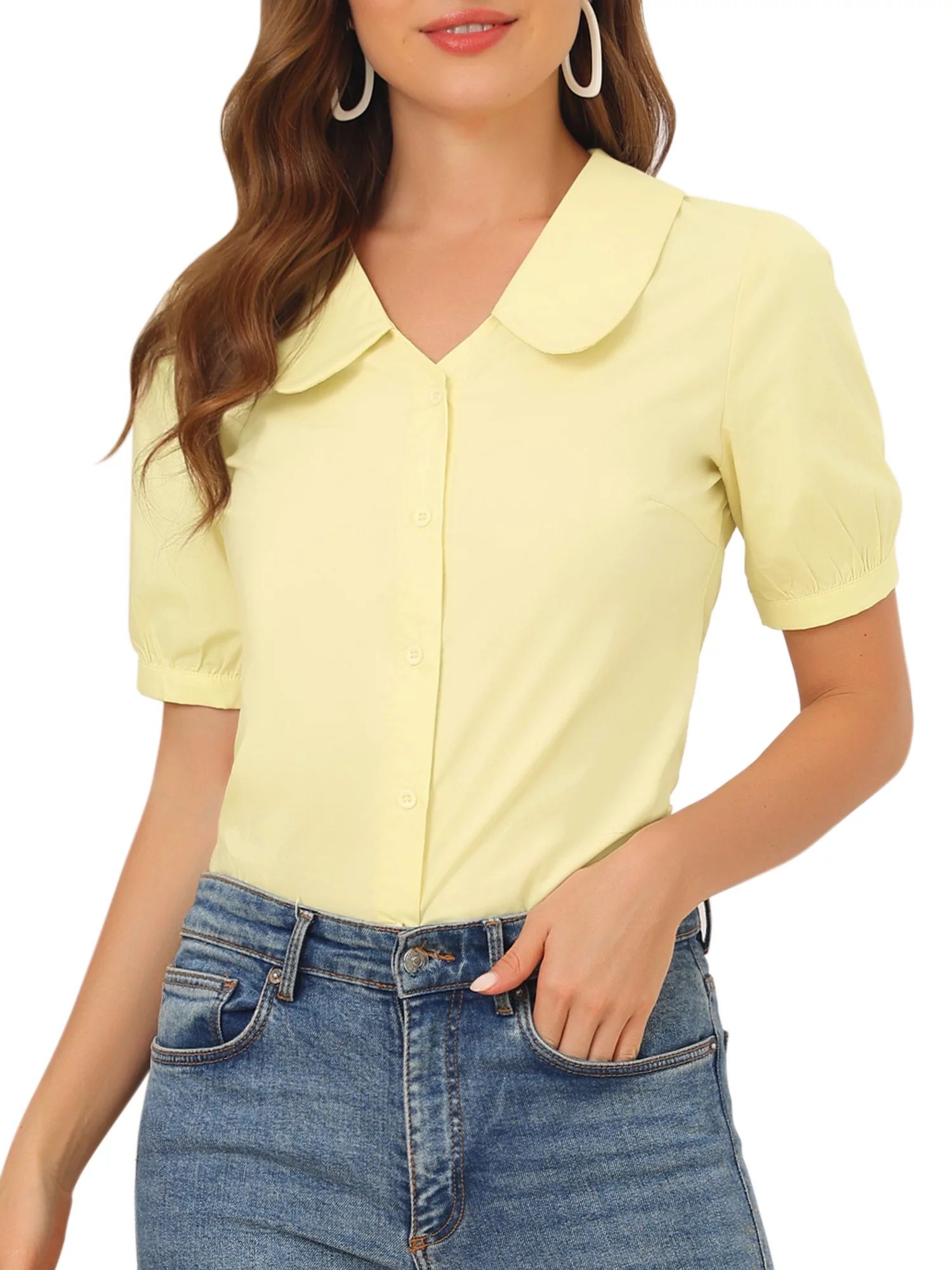 Allegra K Women's Doll Collar Cotton Casual Work Blouse Shirt | Walmart (US)