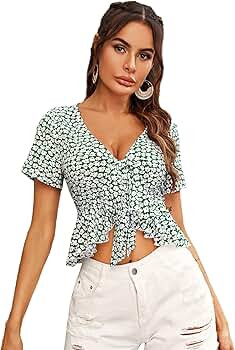 SweatyRocks Women's Short Sleeve Deep V Neck Self Tie Front Crop Top Blouse | Amazon (US)