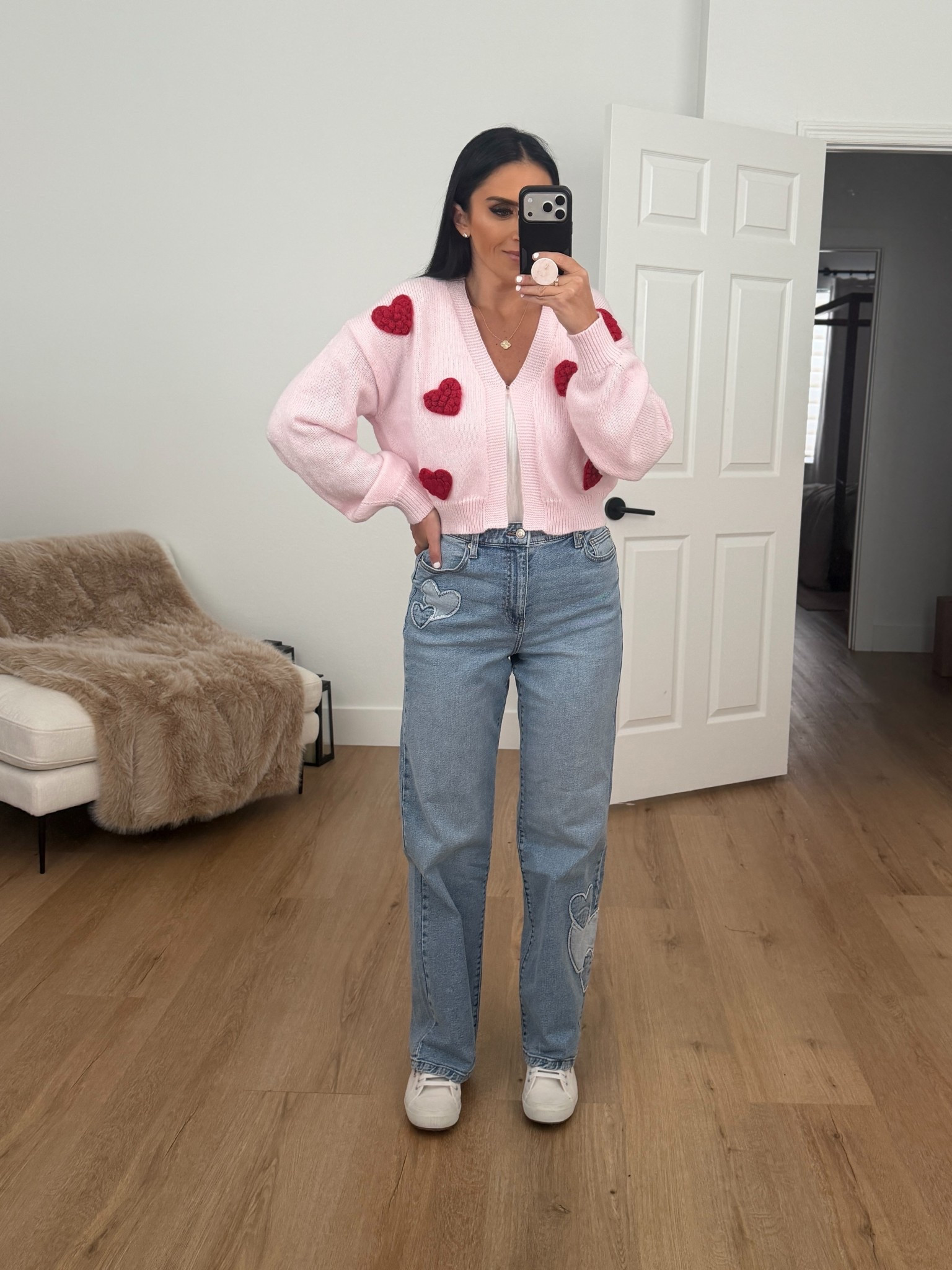 Madden NYC Women's Heart Cardigan, size small. No Boundaries High Rise Baggy Wide Leg Jeans with Heart Patch, size small. 
