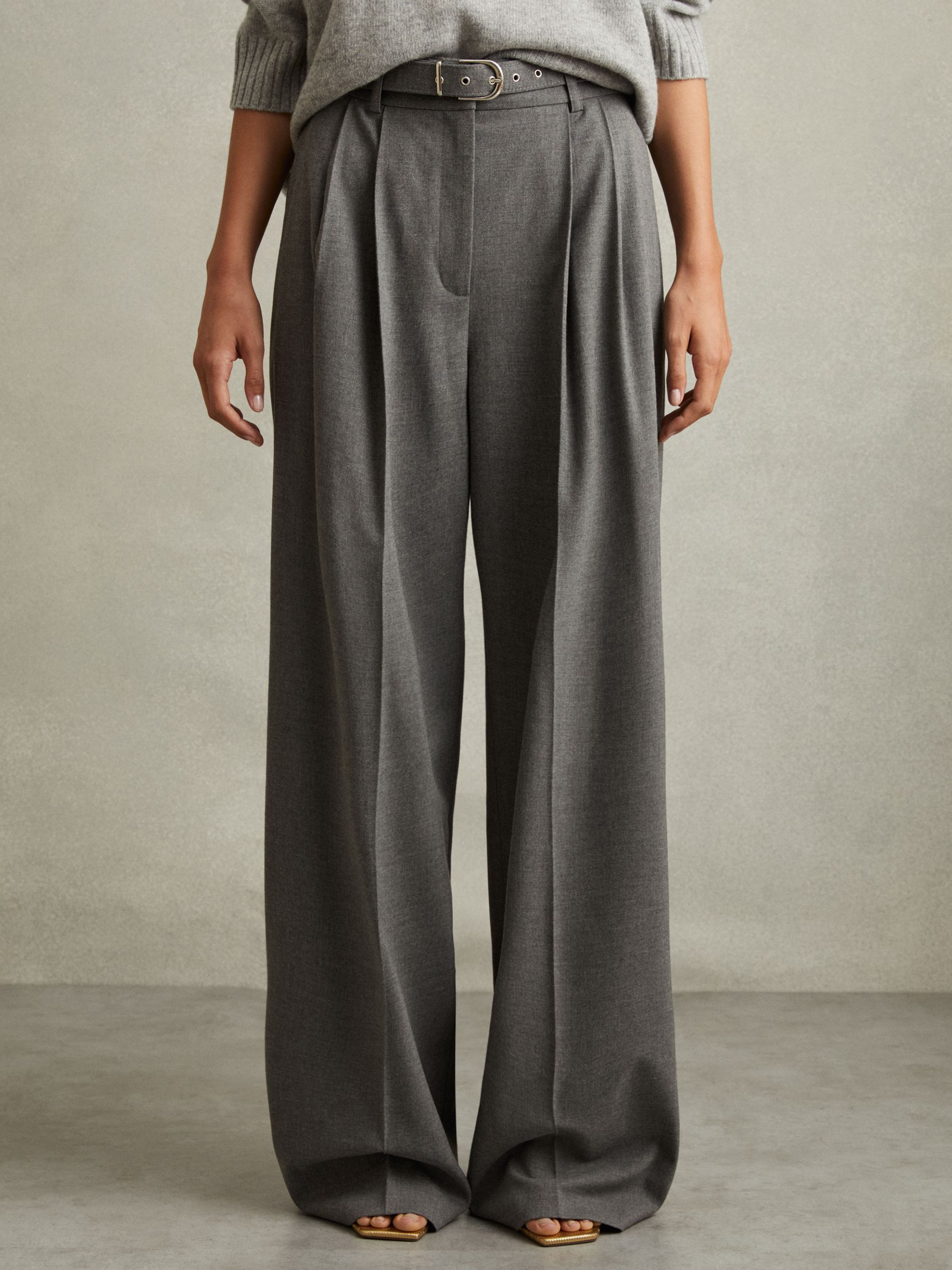 Belted Wide Leg Trousers in Grey | Reiss DE