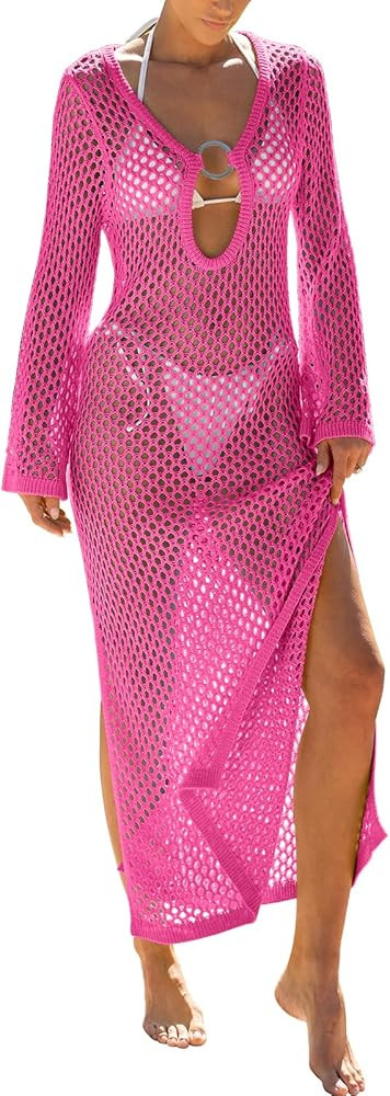 Caracilia Women Swimsuit Coverup Crochet Bathing Suit Swim Cover Ups for Swimwear Summer Long Sle... | Amazon (US)