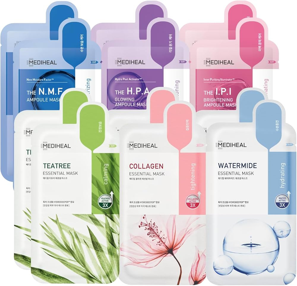 Mediheal 12 Combo Pack Facial Sheet Mask - N.M.F, H.P.A, I.P.I, Collagen, Teatree, Watermide Best... | Amazon (US)