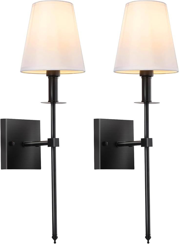Wall Sconces Set of Two Black,2 Hardwired Wall Lights with White Fabric Shades,Hardwired Wall Lam... | Amazon (US)