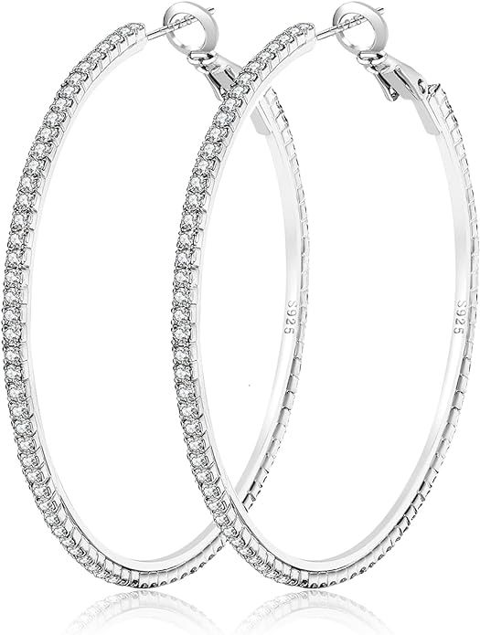 925 Sterling Silver Earrings Large Rhinestone Hoop Earrings Big Cubic Zirconia Hoop Earrings Thin... | Amazon (US)