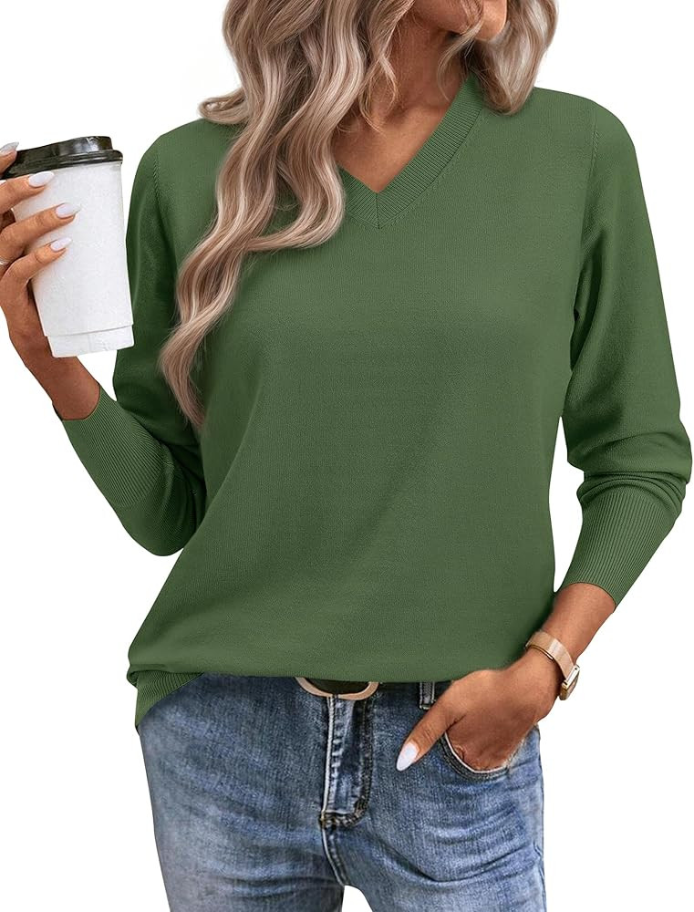 Women's Spring Sweaters 2025 Casual Thin Long Sleeve Pullover V Neck Lightweight Sweatshirts Cute... | Amazon (US)