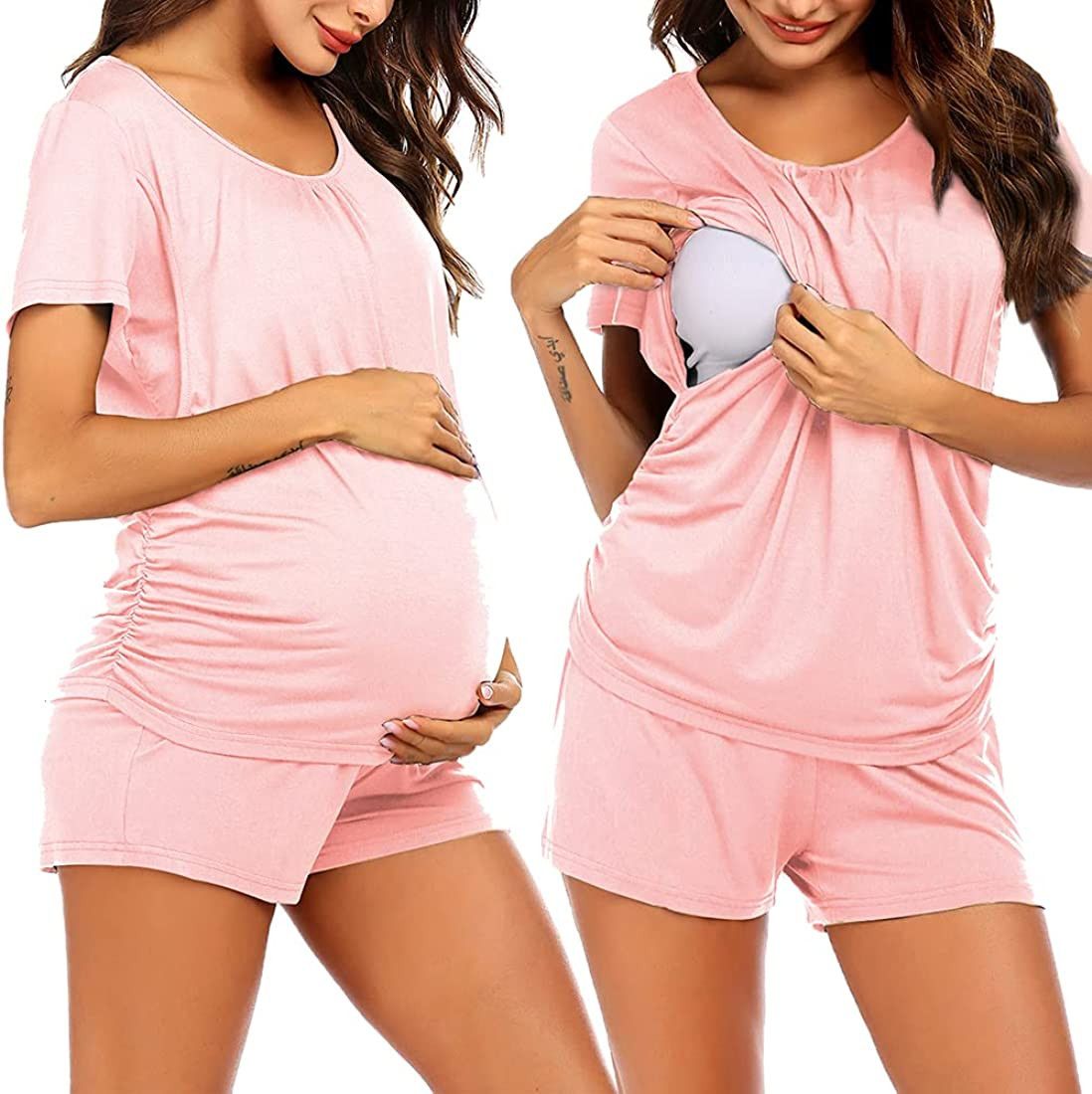 Ekouaer Women's Maternity Nursing Pajama Set Breastfeeding Sleepwear Set Double Layer Short Sleev... | Amazon (US)