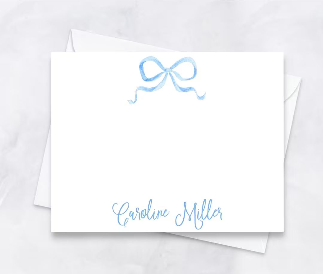 French blue watercolor bow stationery, personalized note cards, illustrated bow, preppy flat than... | Etsy (US)
