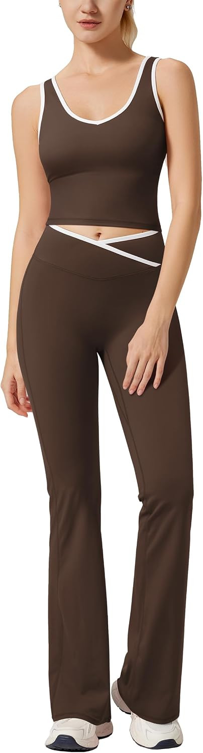RXRXCOCO Women's Workout Sets 2 Piece Flare Leggings Butt Lifting Crop Tank Top Matching Set Colorblock Gym Yoga Outfits | Amazon (US)