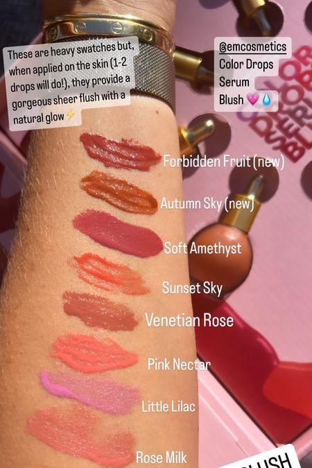 Blush, liquid blush, EM cosmetics 

Swatches of every shade of the new EM cosmetics Color Drops Serum Blush,..favorite this for future reference!🤍

#LTKunder50 #LTKbeauty
