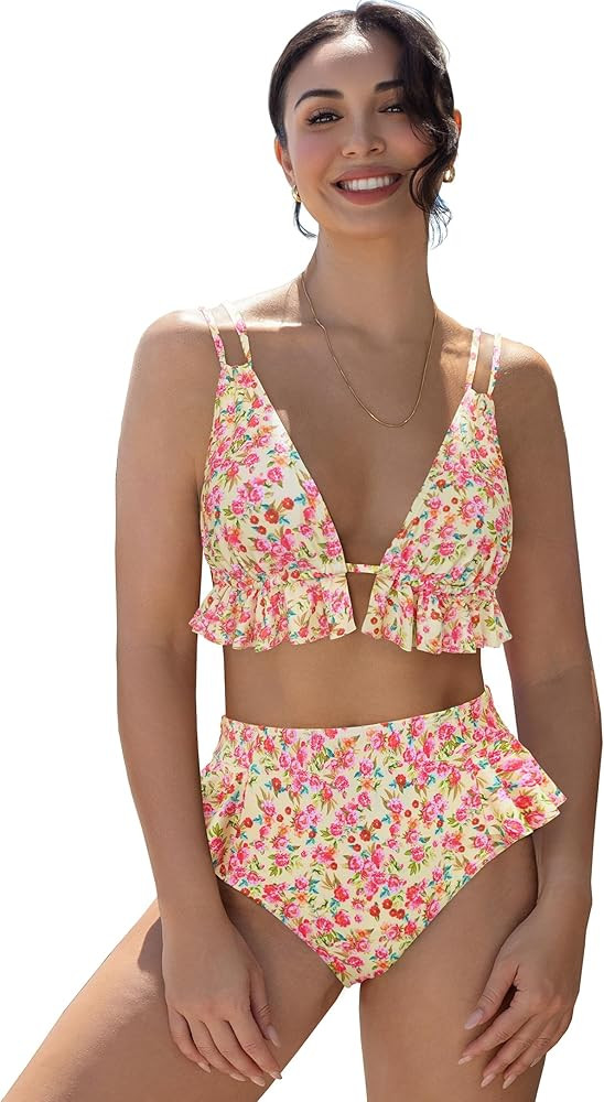 SPORLIKE Women High Waisted Swimsuit Ruffle V Neck Bikini Two Pieces Swimwear | Amazon (US)