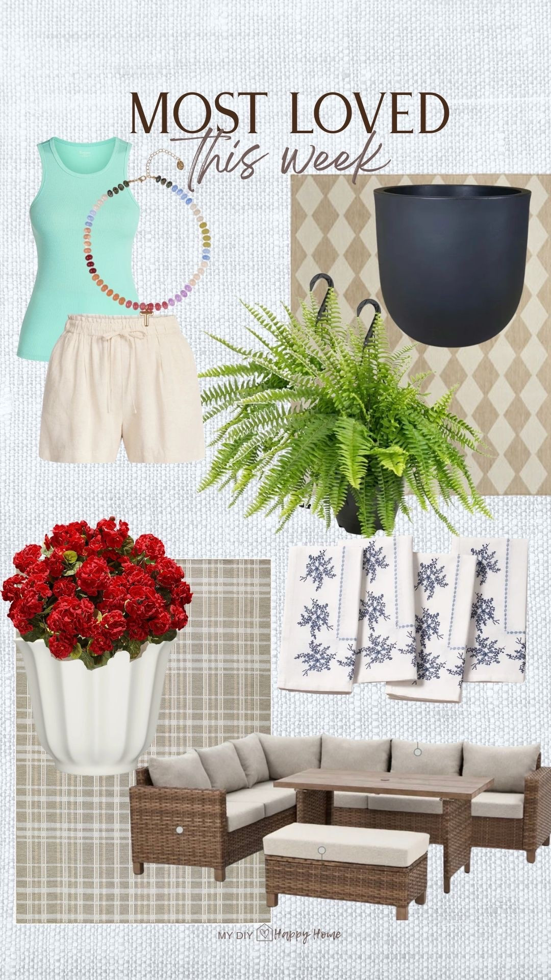 Most loved and beat sellers of the week:

Outdoor planters 
Ferns 2 for $20
High neck tanks 
Shorts 
Beaded necklace 
Outdoor check rug 
Outdoor plaid rug (on sale!)
Embroidered napkins, set of 4
Faux geraniums 
Outdoor Furniture- eat and dine in one!

#LTKSeasonal #LTKHome #LTKPetite