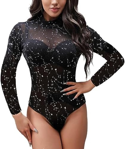 SEBOWEL Women Rhinestone Sparkly Bodysuits Sexy Studded Sheer Mesh Long Sleeve Bodysuit See Throu... | Amazon (US)
