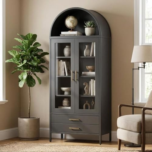 Tall Arched Storage Cabinet 73", Black Metal Curio Cabinet with Glass Door, 2 Drawers and 2 Adjustable Shelves, Modern Freestanding Display Cabinet for Living Room, Dining Room, Entryway, Home Office | Amazon (US)