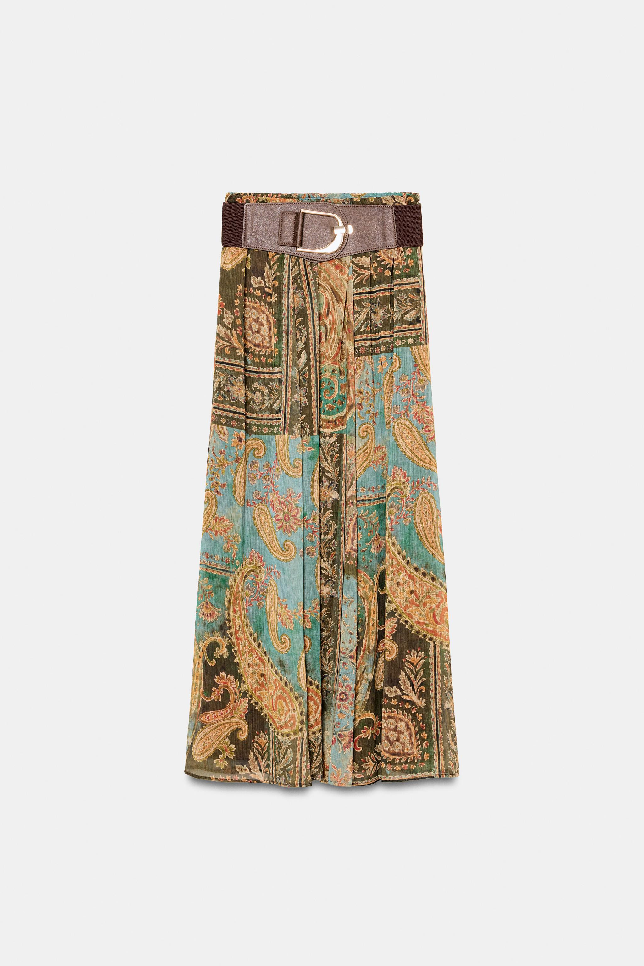 PRINTED MIDI SKIRT WITH BELT | Zara US