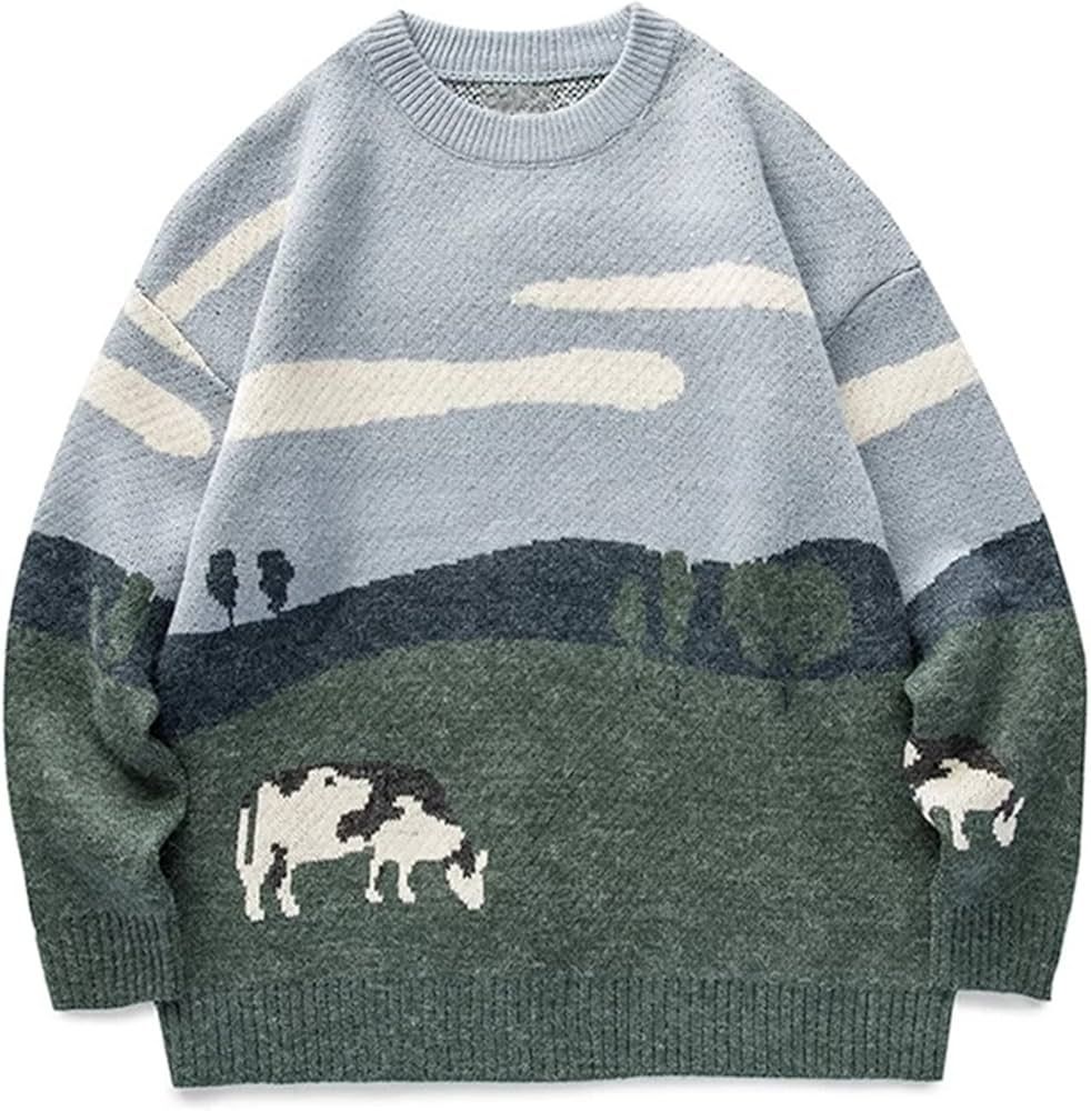 Arssm Men’s Cow Sweater Knit Oversized Casual Knit Pullover Grandpa Graphic Crewneck Jumper Swe... | Amazon (US)