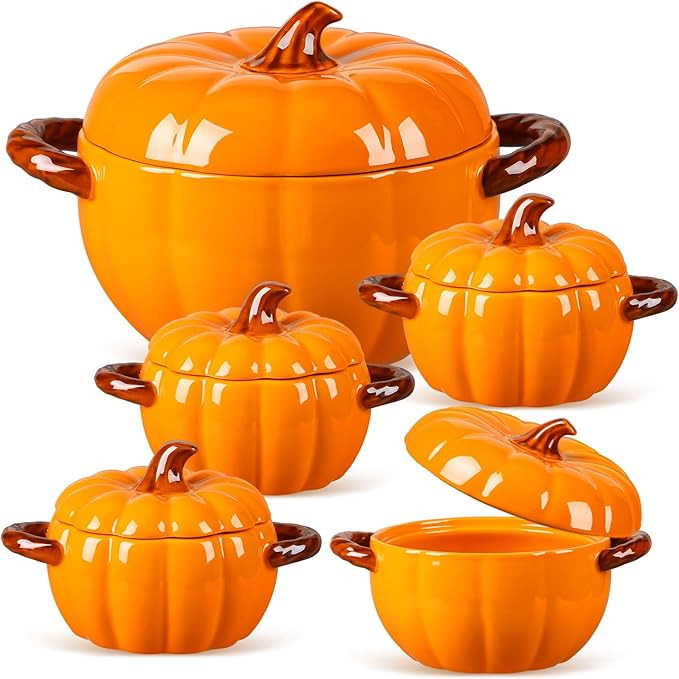 Maxdot Set of 5 Ceramic Pumpkin Bowls with Lid and Handles Pumpkin Shape Soup Serving Pot Storage... | Amazon (US)