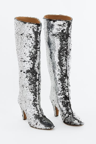 Sequined Knee-high Boots | Sequin Boots | Silver Boots | Metallic Boots | H&M (US + CA)