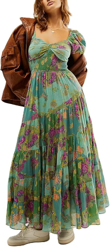 Women Bohemian Embroidered Floral Dress 2024 Casual Puff Long Sleeve Maxi Dresses Boho Flowy Ruff... | Amazon (US)
