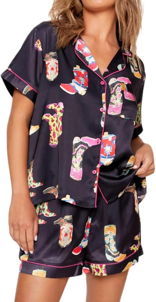 Women Satin Pajamas Shorts Sets Y2k Silk PJs 2 Piece Outfits Collar Long Sleeve Button Down Shirt... | Amazon (US)