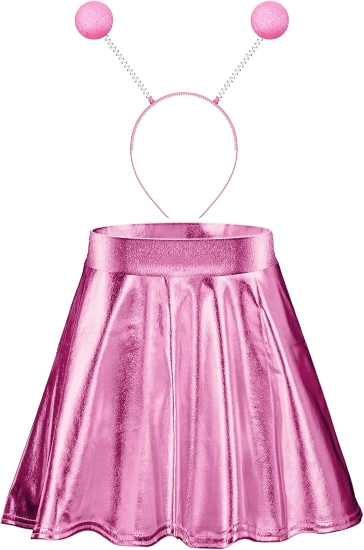 Halloween Alien Headband and Metallic Skirt Flared Pleated Skater Skirt for Halloween Supplies | Amazon (US)