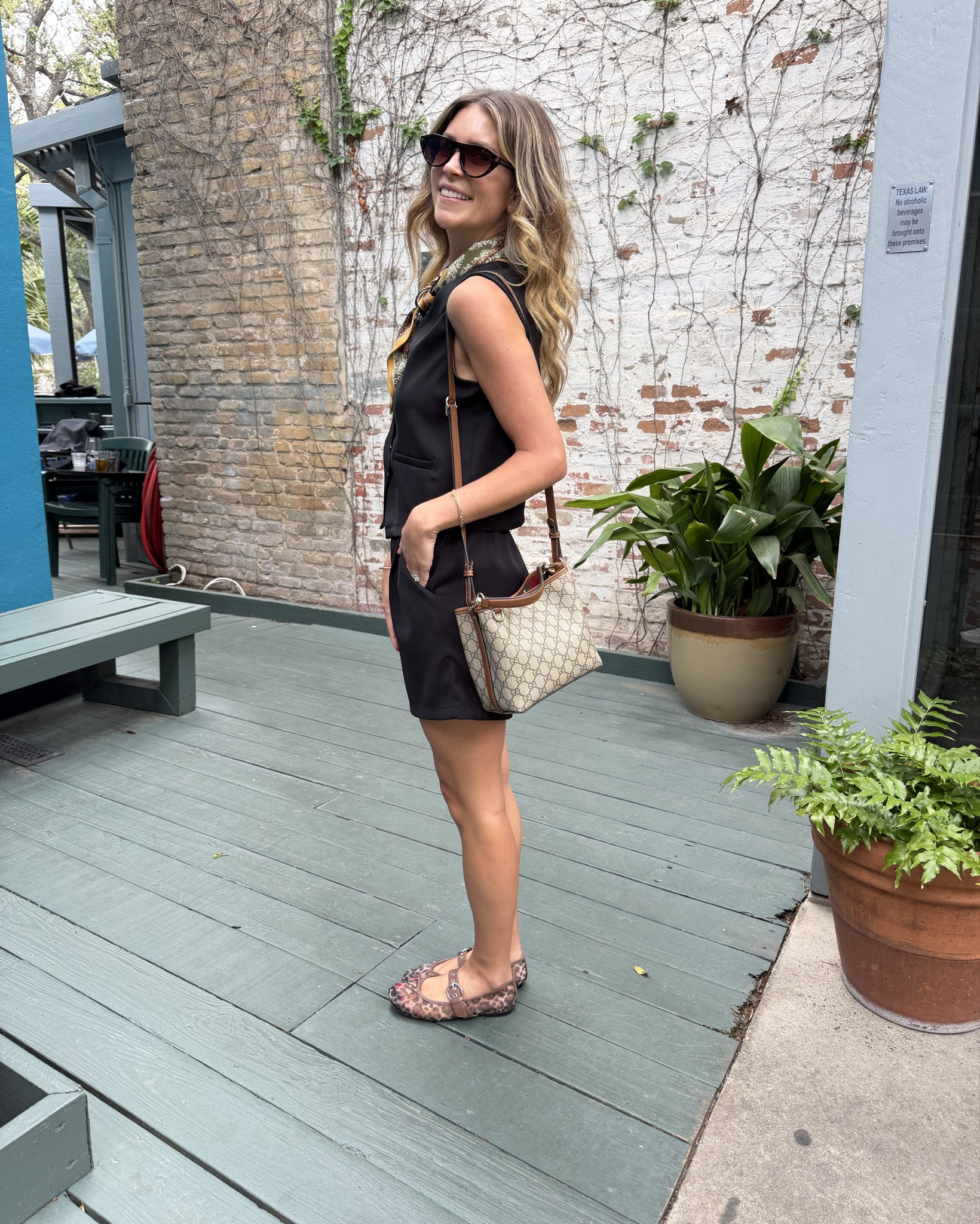 Today’s outfit 
Amazon two piece vest set size small 
Leopard ballet flats 
Amazon sunglasses 
Silk scarf 
Gucci bucket bag 

#LTKOver40 #LTKootd #LTKPetite