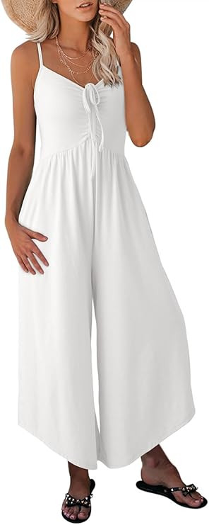 Dokotoo Womens Jumpsuits Spaghetti Straps Ruched Drawstring Knit Wide Leg Romper Casual Jumpsuits... | Amazon (US)