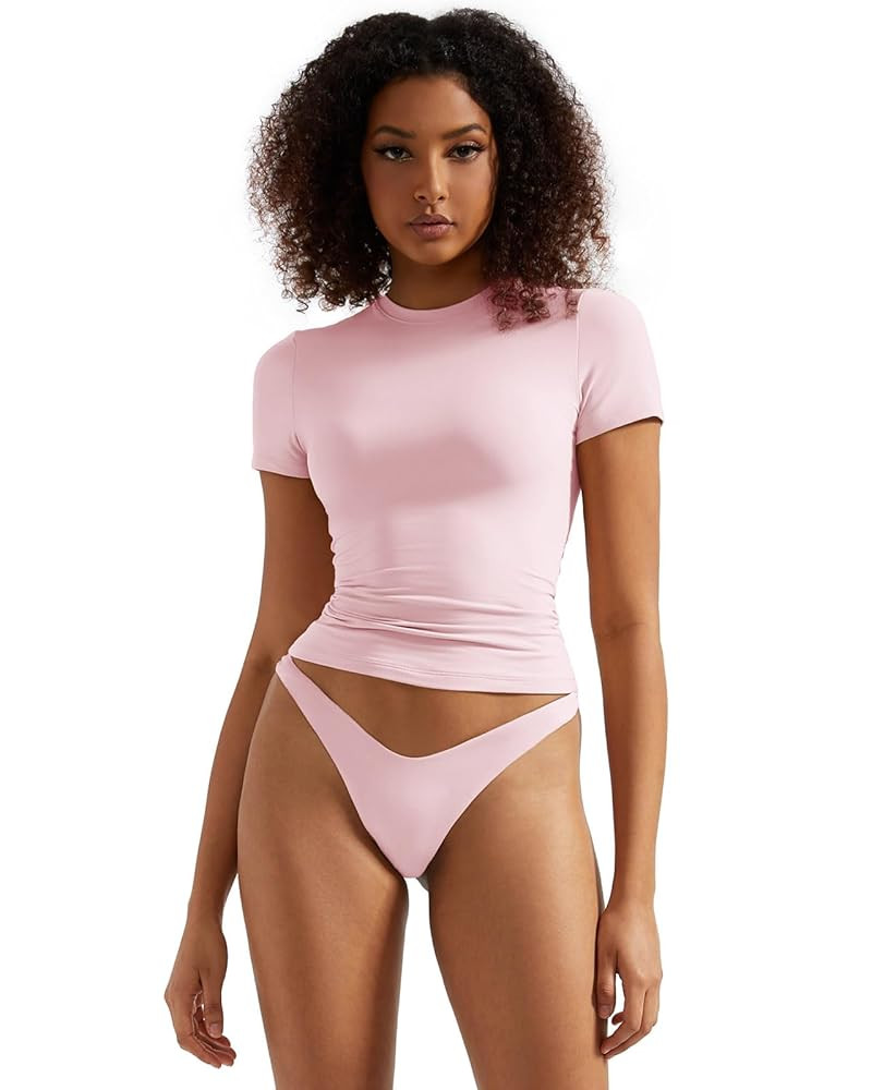 SUUKSESS Women Double Lined Fitted Basic Tee Crew Neck Short Sleeve Y2K Crop Top | Amazon (US)