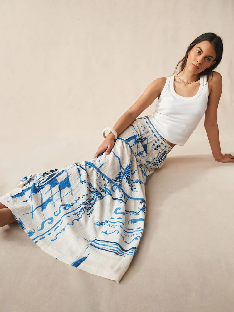 White/Blue Greek Print Cotton Tiered Maxi Skirt | Next US