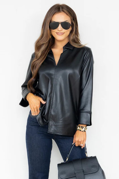 Foxcroft Agnes Leather Black Long Sleeve Blouse | The Willow Tree